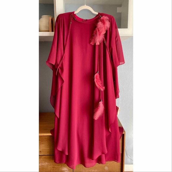 URSULA OF SWITZERLAND Vintage 80's Chiffon Flowy Drape Feathers Dress - Picture 1 of 11